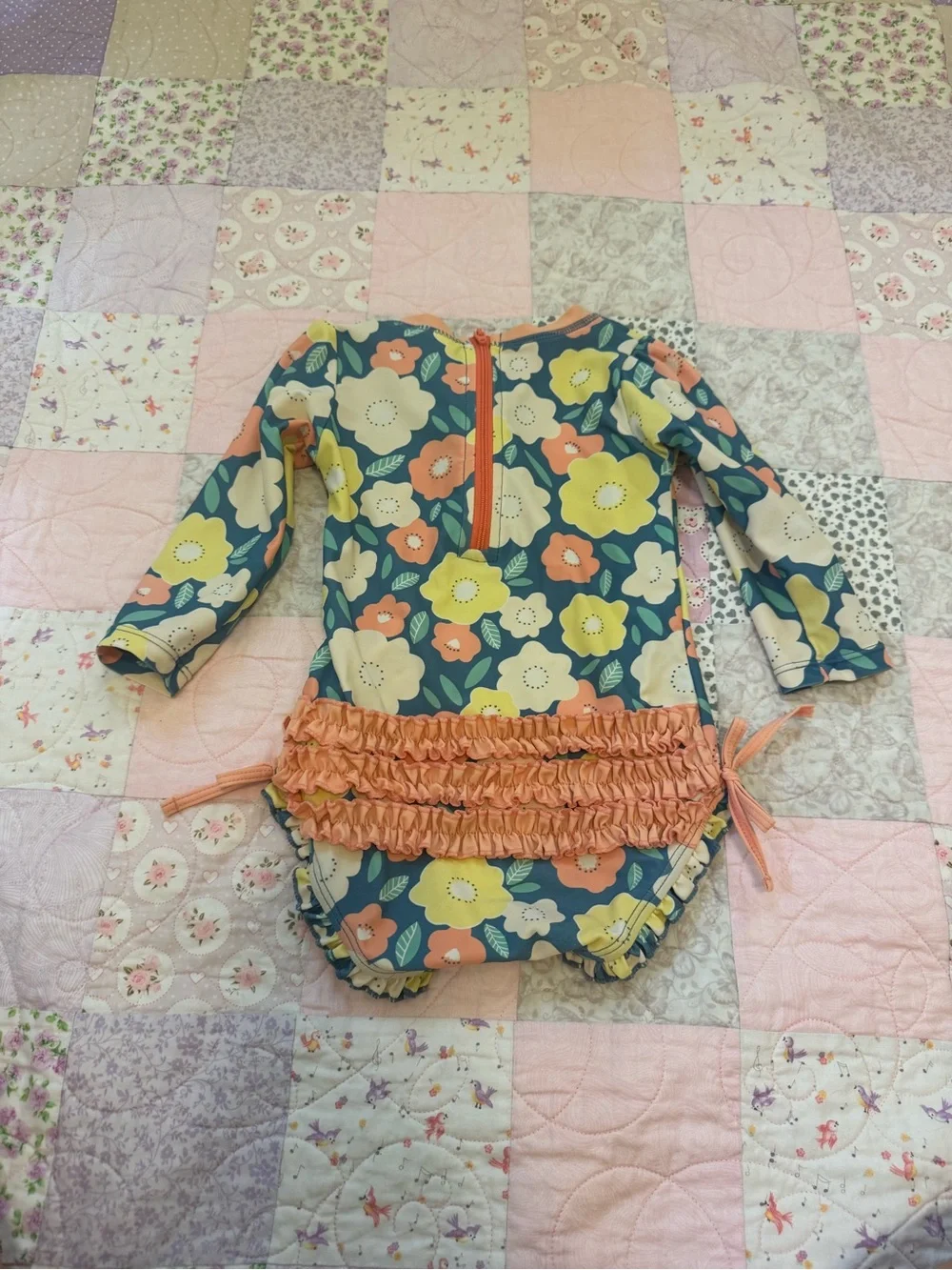Ruffle Butts Floral Long-Sleeve One-Piece with Yellow & Coral Flowers
